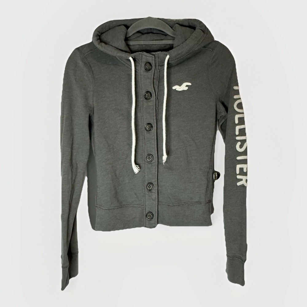 Hollister Button Front Cropped Hoodie Jacket XS Gray Logo Sleeve Y2K Surf Casual